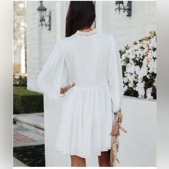 White Boho Embroidered Eyelet Detail Babydoll Dress Medium - Picture 2 of 10